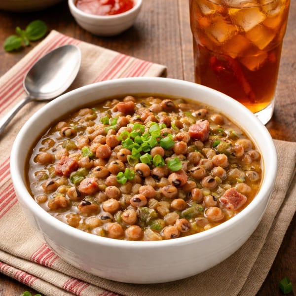 A white bowl of black-eyed peas with ham and green onions, a spoon, and iced tea.