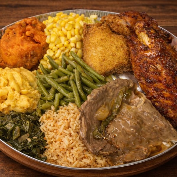 A large platter of soul food with fried chicken, BBQ chicken, steak, rice, collard greens, mac and cheese, green beans, corn, and candied yams.